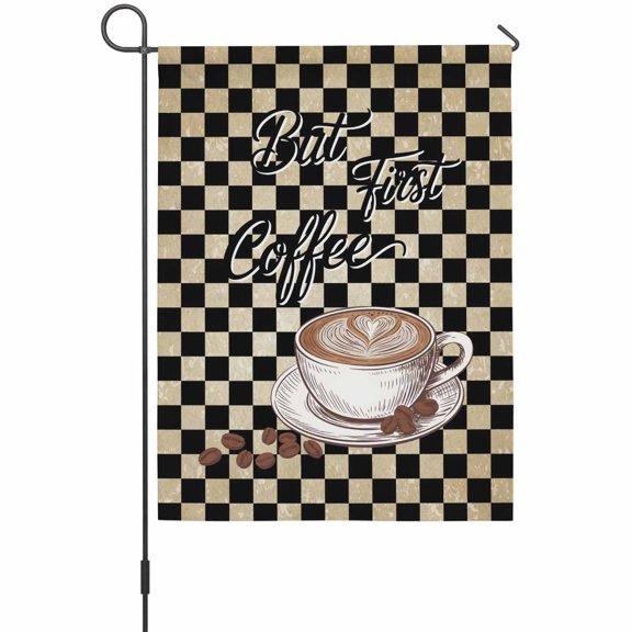 but First Coffee Garden Flags For Outdoor, Farmhouse Latte Hot Drink Brown Black Plaid Small Double Side Yard Flags Weather Proof Garden Decor for Lawn Outside Holiday 12 x 18 Inches