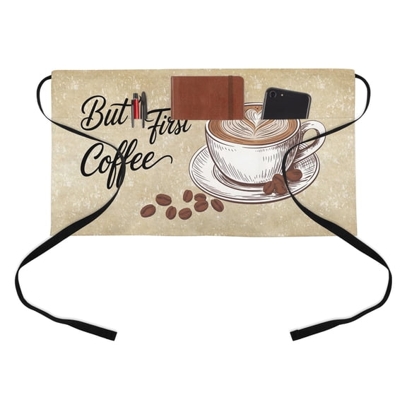 but First Coffee Kitchen Restaurant Half Waist Apron, Farmhouse Latte Hot Drink Bean Brown Mottled Server Short Apron with 3 Pockets Waterproof Oil Waist Aprons for Women Waitress Waiter