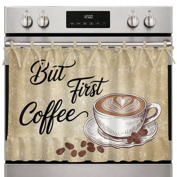 but First Coffee Oven Skirt Curtain, 27x20 Inch Farmhouse Latte Hot Drink Bean Brown Mottled Kitchen Tie Top Oven Curtain for Door, Decorative Stove Skirt Dishwasher Cover With Ribbon Ties