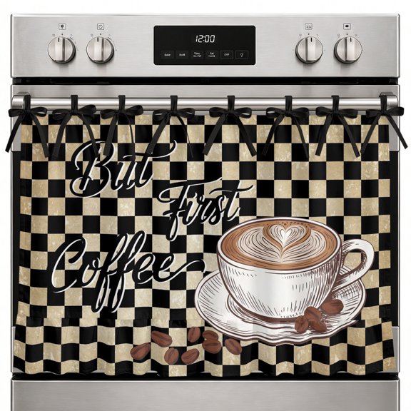 but First Coffee Oven Skirt Curtain, 27x20 Inch Farmhouse Latte Hot Drink Brown Black Plaid Kitchen Tie Top Oven Curtain for Door, Decorative Stove Skirt Dishwasher Cover With Ribbon Ties