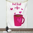 thumbnail image 1 of But First Coffee Tapestry, Calligraphic Concept with Hand Drawn Text and Hearts, Wall Hanging for Bedroom Living Room Dorm Decor, 60W X 80L Inches, Hot Pink Dark Cocoa and White, by Ambesonne, 1 of 2