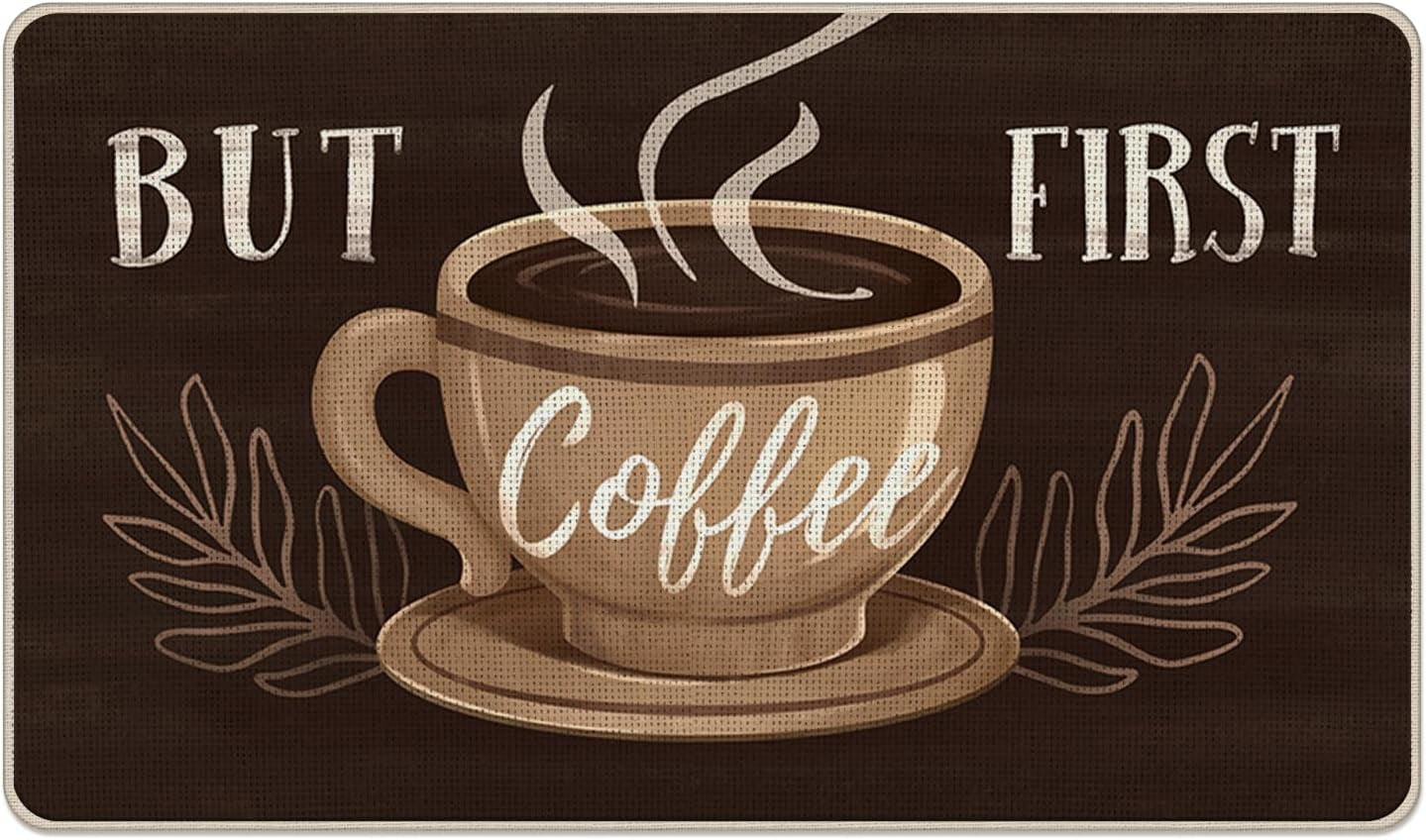 But First Coffee Themed Decorative Front Door Mat, Coffee Cup Welcome Doormat Indoor Outdoor Brown Non-Slip Floor Entryway Rug, Coffee Bar Cafe Home Kitchen Decoration 17x30 Inch
