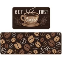 But First Coffee Themed Kitchen Rugs Set of 2, Coffee Bean Brown Kitchen Mats Decor, Coffee Bar Cafe Floor Door Mat Home Decorations - 17x30 and 17x47 Inch