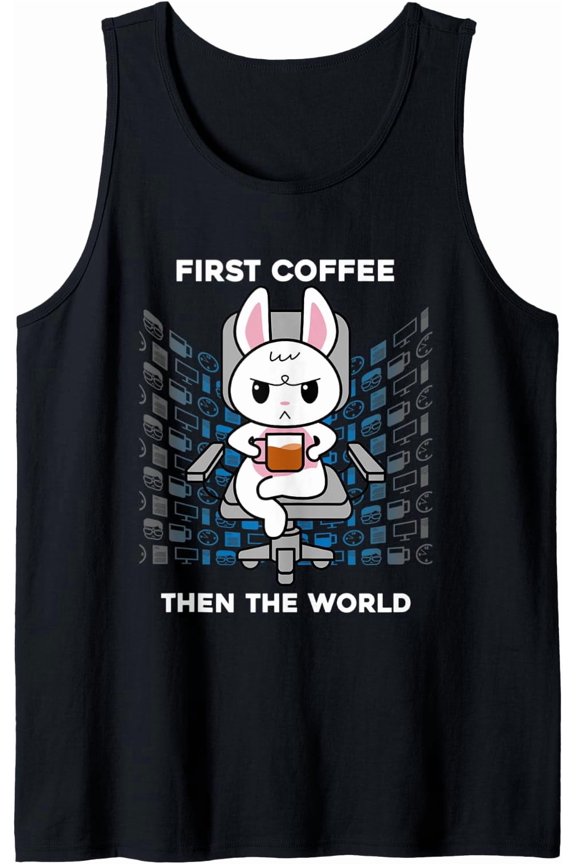 First Coffee Then The World Caffeine Nerd Rabbit Goth Bunny Tank Top Size S-3XL