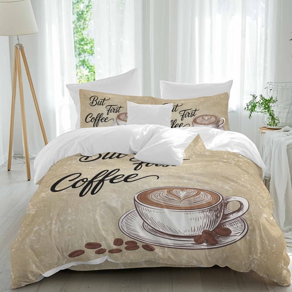 but First Coffee Twin Size Comforter Set, Farmhouse Latte Hot Drink Bean Brown Mottled Bedding for All Seasons, 4 Pcs Bed Set, 1 Quiltcover (68"x86") ,1Sheet(67"x116"), 2Pillowcases (30"x20")