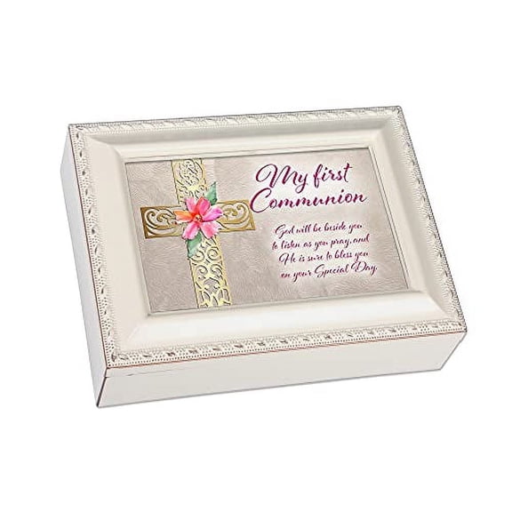 First Communion Champagne Woodgrain Jewelry Music Box Plays Ave Maria