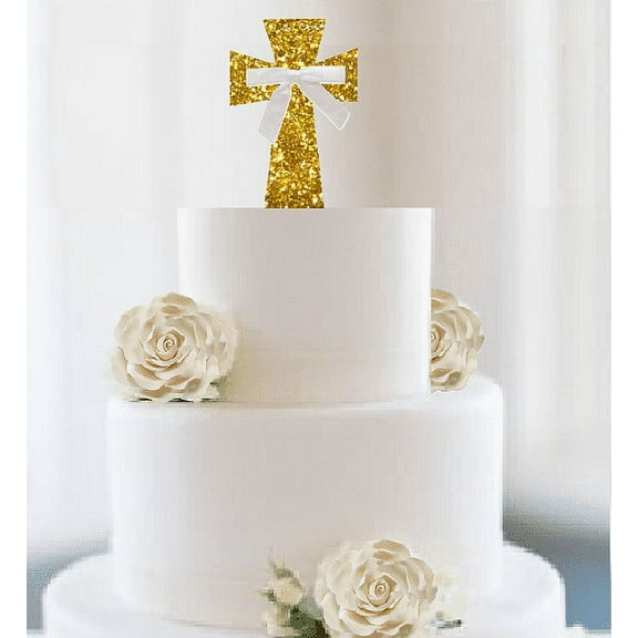 First Communion / Christening / Baptism / Wedding Cake & Cupcake Decoration Toppers Super Gold Glitter Cross with White Bow
