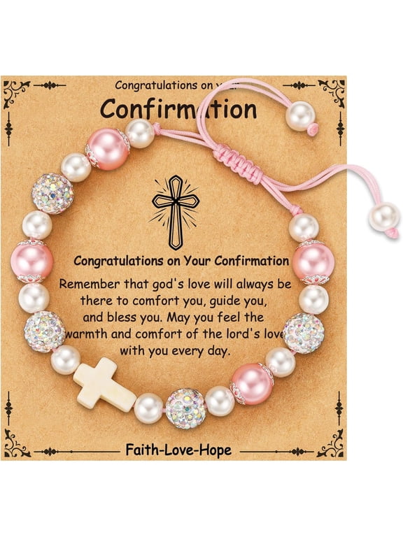 First Communion Confirmation Gifts for Girls, Cross Natural Beads Bracelet Christian Religious Jewelry Gifts for Kids Teen Girls