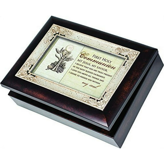 First Communion Cottage Garden Italian Style Burlwood Finish with Decorative Inlay Jewelry Music Box - Plays Song Ave Maria