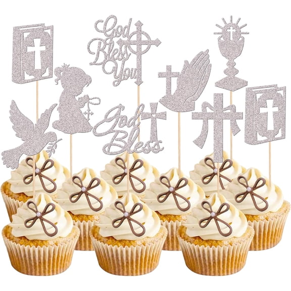 First Communion Cupcake Toppers for Girls, Silver Glitter Praying Girl Cross Cupcake Picks, 9 Pack, Baptism Party Decor