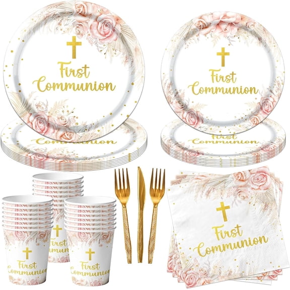 First Communion Decorations, 150Pcs Gold Cross First Communion Plates and Napkins, God Bless Baptism Birthday Supplies Paper Tableware for Christening Celebration Baby Shower Party, Serves 25