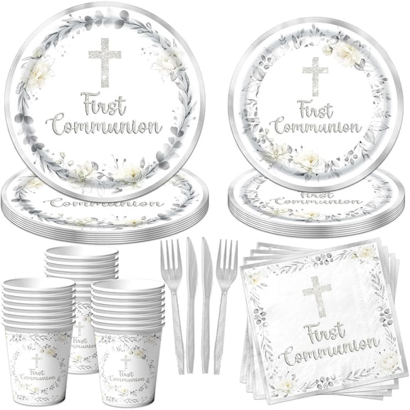 First Communion Decorations, 150Pcs Silver First Communion Plates and Napkins, God Bless Baptism Birthday Supplies Paper Tableware for Christening Celebration Baby Shower Party, Serves 25