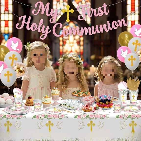 First Communion Decorations for Girls, 205pcs First Holy Communion Party Tableware Serves 24, First Communion Plates and Napkins, Cup, Tablecloth, Banner, Balloon, God Bless Baptism Decorations