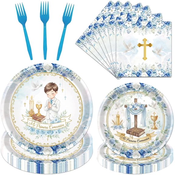 First Communion Decorations Tableware, 96PCS Mi Primera Comunion Disposable Blue Paper Plates and Napkins Party Decorations, God Bless Baptism Decor for Boys Christening Church