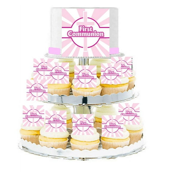 First Communion Edible Photo Toppers & Edible Cupcake Decoration Kit -Pink