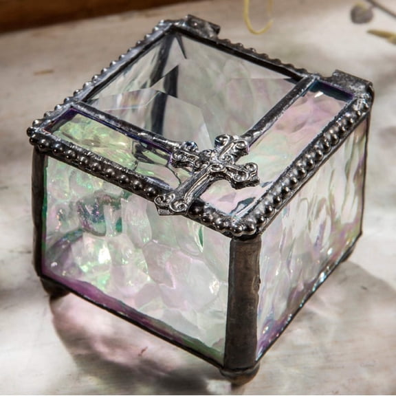 Rosary Case Clear Iridescent Stained Glass Box 349