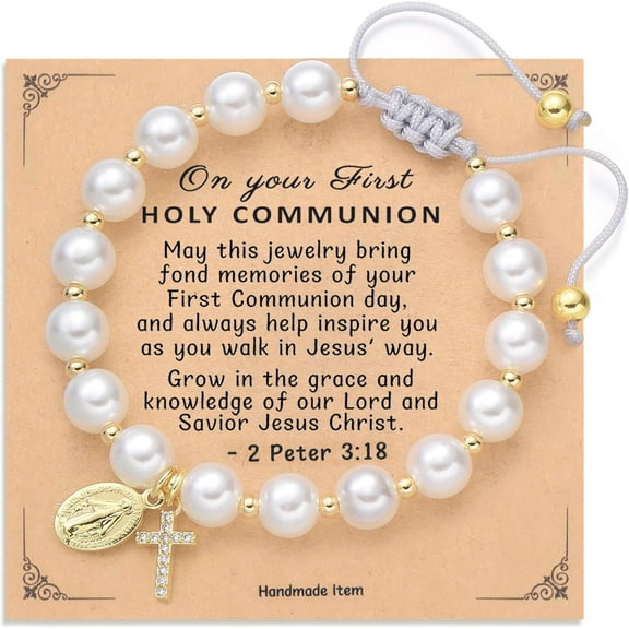 First Communion Gifts, Virgin Mary Pearl Bracelet 14K Gold Plated Charm Bracelets Rope Adjustable Cross Bracelet