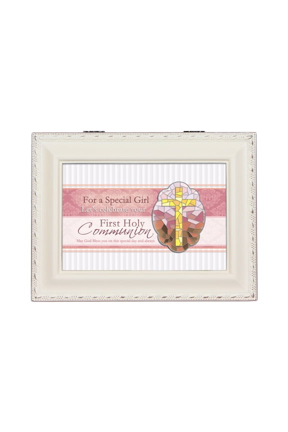 First Communion Girl Ivory Finish with Brushed Gold Color Trim Jewelry Music Box - Plays Song Ave Maria