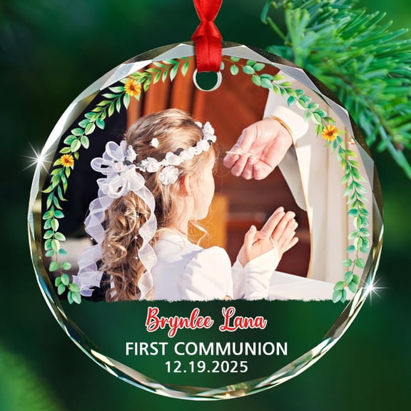 First Communion Glass Christmas Ornament 2025, Personalized Date & Name 1st Holy Communion Ornament Gift for Children Grandkids Grandson Granddaughter, Customized God Bless You Ornaments for Godchild