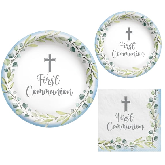 First Communion Party Supplies for 20 People, Paper Plates & Napkins, Inspirational Religious Cross Design, Blue