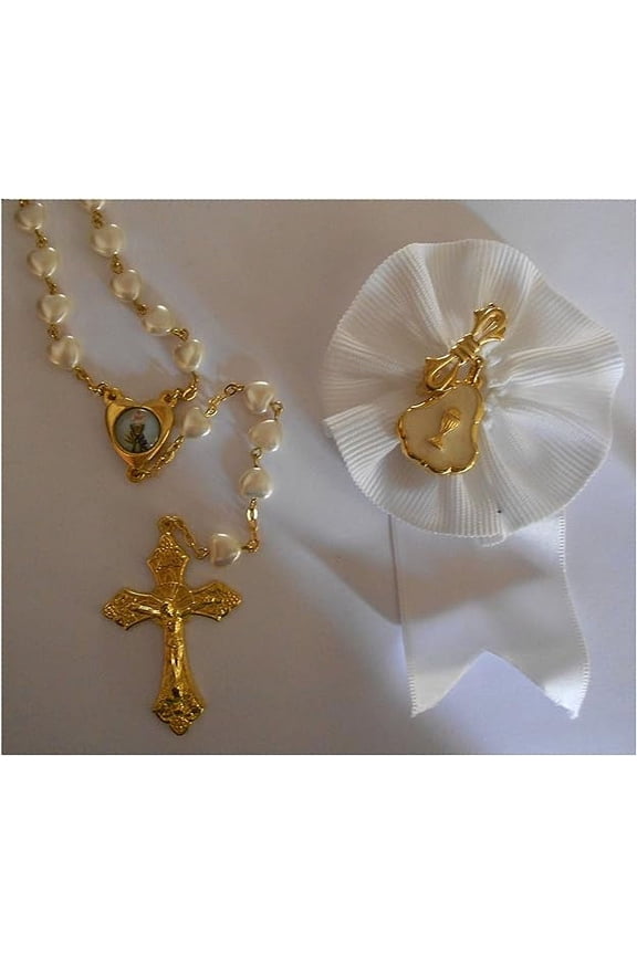 First Communion Rosary with Heart-shaped Faux Pearl Beads