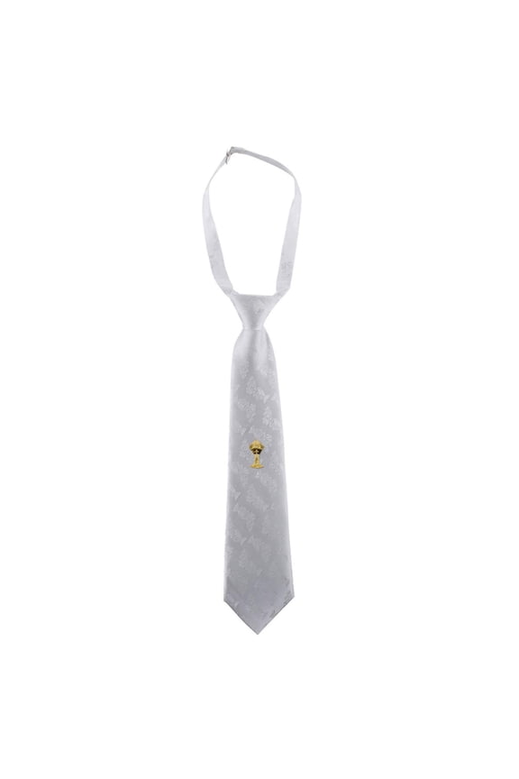 First Communion White Satin Brocade Tie with Chalice Design, 14 Inch