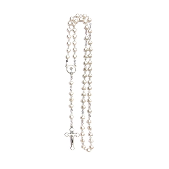 First Communion white hearts-shaped pearl bead rosary