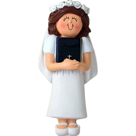 First Communion with Bible Female Brown Personalized Christmas Ornament DO-IT-YOURSELF
