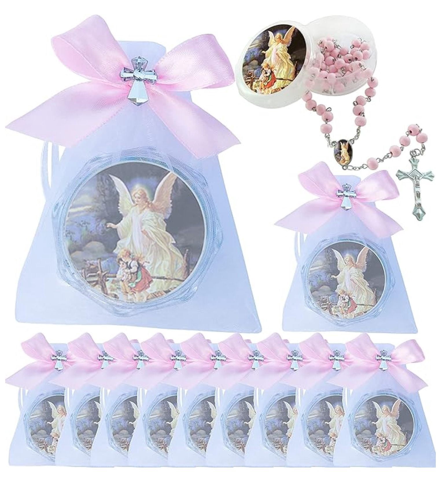 First Communon Baptism Pink Scented Rosary Favor - 12 Angel Rosaries with individual Gift Box and Decorated Pouches