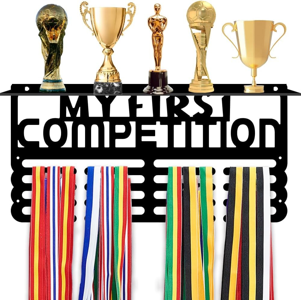 My First Competition Medal and Trophy Display Rack with Hook Medal Hanger Medal Frame with Trophy Shelf Organizer for Over 60+ Medals Awards Ribbon Shelf DIY
