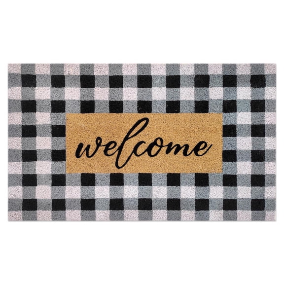 First Concept 18 in. W X 30 in. L Black/White Checkers Welcome Coir Door Mat