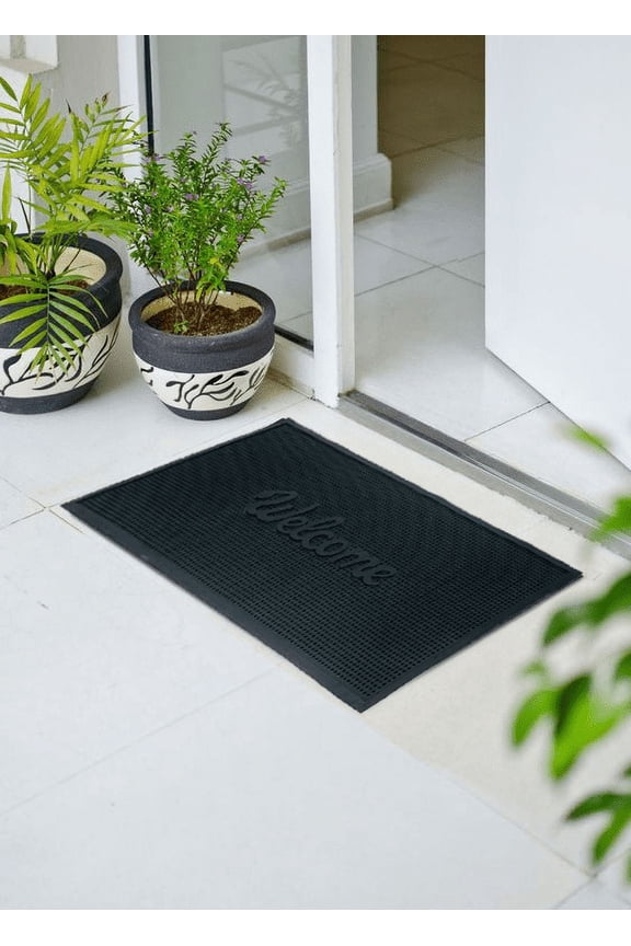 Modern Housewarming Black Rubber Indoor Doormats, 20" x 40", Non-Slip Backing