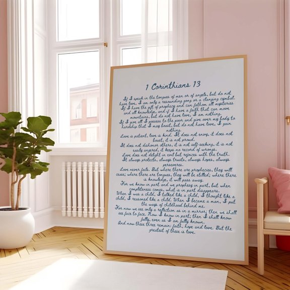 First Corinthians 13 Scripture Art Print, Blue Christian Wall Art, Unframed Paper Poster 8x10in