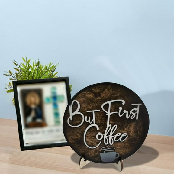 First Cup of Coffee Wooden Plaque Sign with Stand Coffee Bar Decor for Kitchen Home Cafe Station Gift for Coffee Lovers