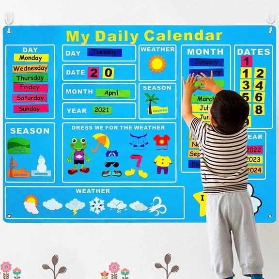 My First Daily Calendar Felt-Board for Kids 3.5Ft 70Pcs All About Today Funky Frog Weather Season Chart Days of The Week Circle Time Bulletin Board Preschool Early Learning Play Kit for Wall