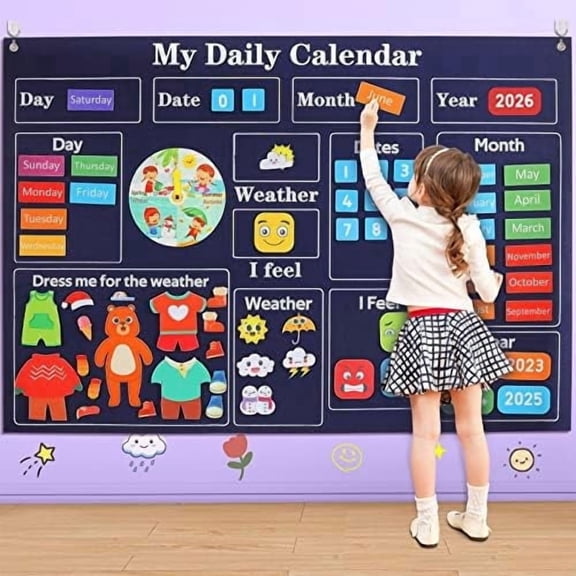 My First Daily Calendar-Preschool Classroom Must Haves, Circle Time Learning Center, Days of the Week Chart for Toddlers Learning, Classroom Calendar for Kids, 3.3Ft Felt Board for Toddlers