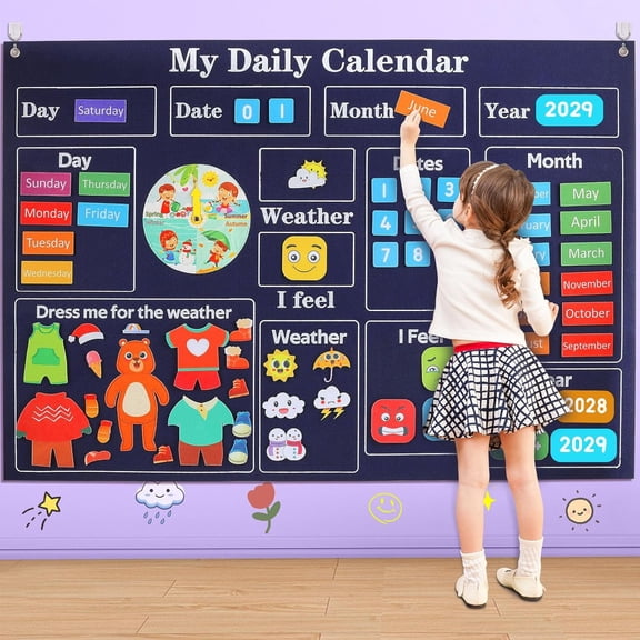 My First Daily Calendar-Preschool Classroom Must Haves, Classroom Calendar | for Kids, Circle Time Learning Center, Days of the Week Chart for Toddlers Learning, 3.3Ft Felt Board for Toddlers