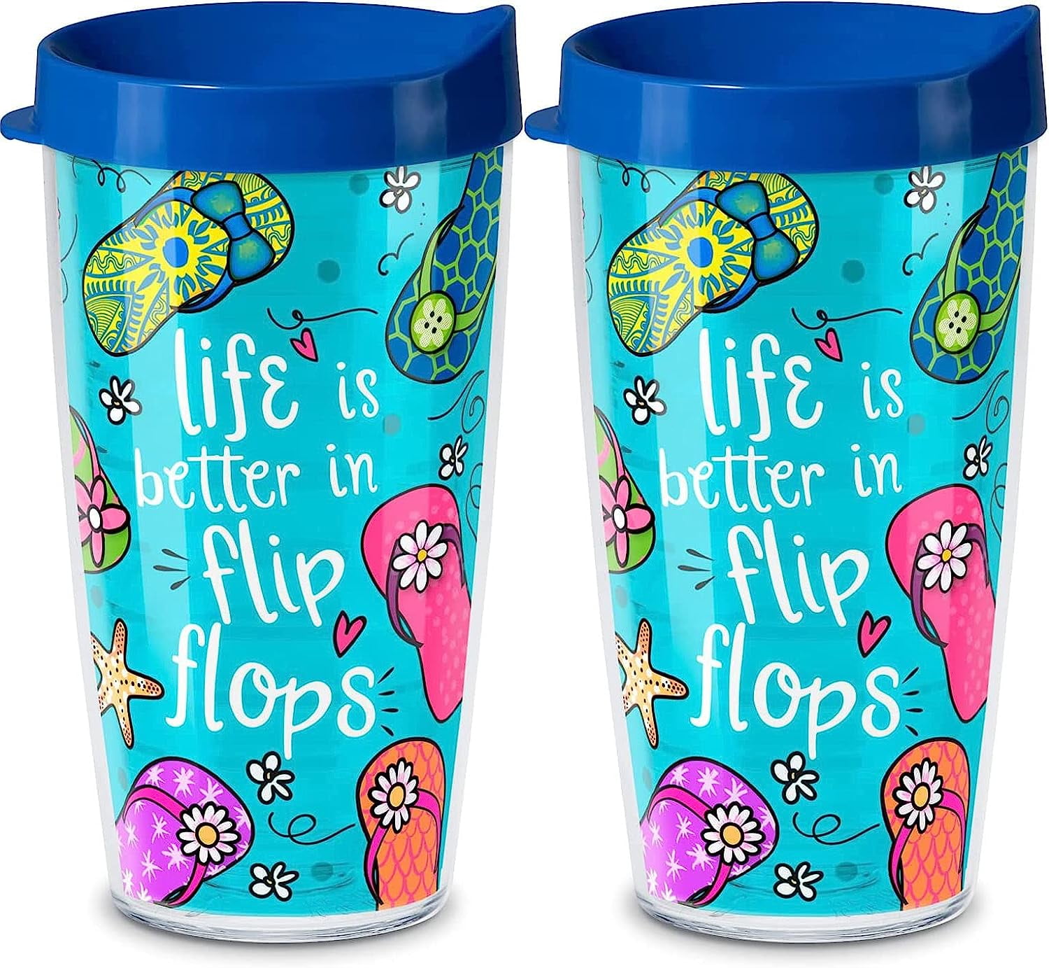 First Dawn Double Wall Insulated Unbreakable Plastic Travel Tumbler with Lid Holds 16 Fluid Ounces BPA Free Microwave Safe Dishwasher Safe Set of 2 Flip Flop Design