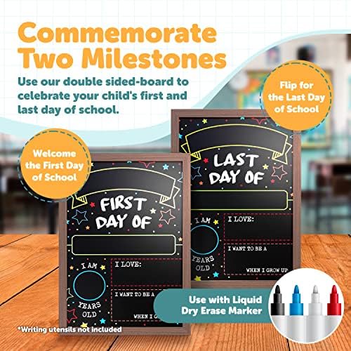 First Day Last Day of School Double Sided Sign with Frame (Reusable Dry Erase Board for Liquid Chalk Markers - 9.17" x 13.27")