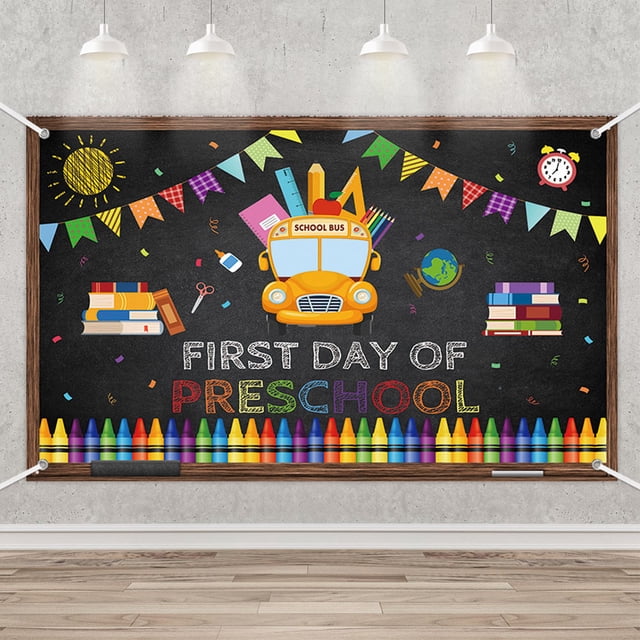 First Day of Preschool Photo Backdrop Globe Books Chalkboard ...