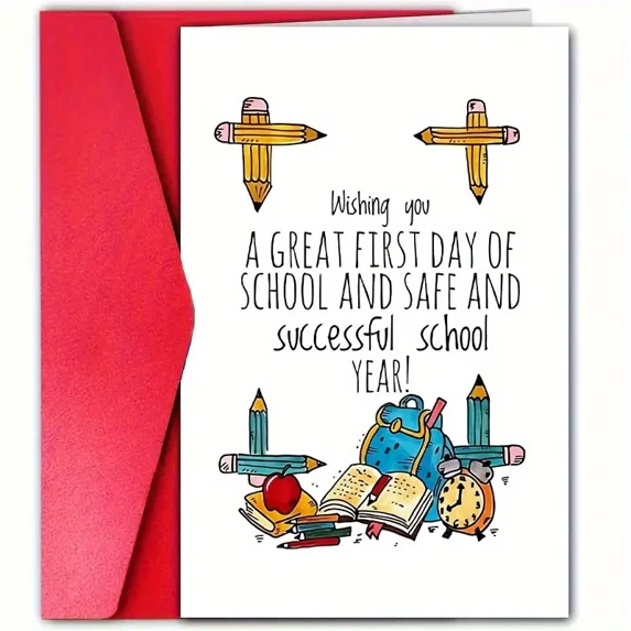 First Day of School Greeting Card - "Wishing You a Great First Day of School" - Fun Design with Pencils and Supplies - Blank Inside, Envelope Included, Perfect for Students
