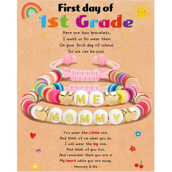 First Day of School Preschool/Kindergarten/1st Grade/2nd Grade Bracelets, 2 PC Back to School Bracelet Mommy and Me, Matching Adjustable Heart Beaded Bracelets Jewelry Gifts
