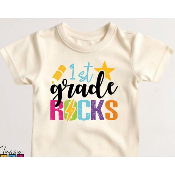 First Day Of School Shirts, Back To School Gifts, Rock Graphic Tees, First Grade Gifts, Kindergarten Kids Tshirt, Funny Gift For Student, New Born, Baby Shower Gift, New Parents Gift