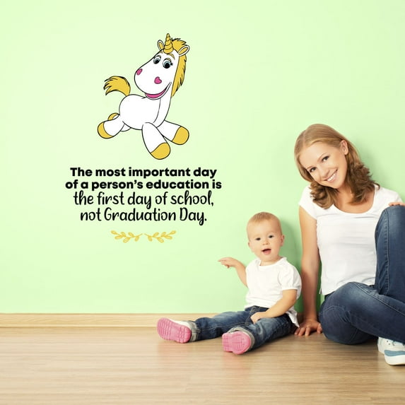 First Day of School Unicorn Quote Cartoon Quotes Decors Wall Sticker Art Design Decal for Girls Boys Kids Room Bedroom Nursery Kindergarten Home Decor Stickers Wall Art Vinyl Decoration (20x18 inch)