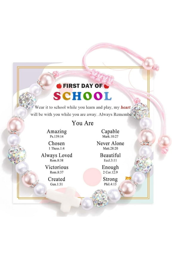 First Day of School Kindergarten Preschool Pre k Prek 1st/2nd Grade Bracelet Gift, Cross Pearl Back to School Gifts Bracelets Decorations Stuff Supplies