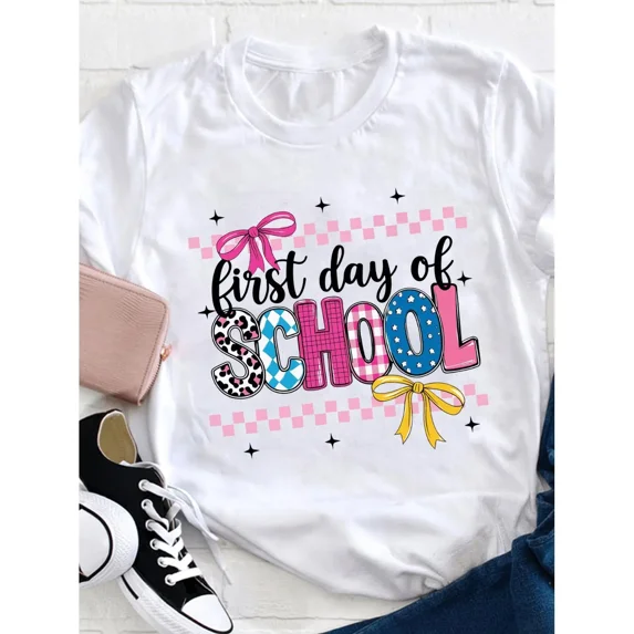 First Day of School Essential! Loose Preppy Style Tee, Classic Round Neck Comfortable School Outfit
