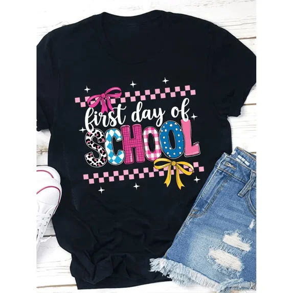 First Day of School Essential! Loose Preppy Style Tee, Classic Round Neck Comfortable School Outfit