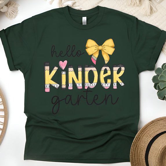 First Day of School Kindergarten Teacher Shirt – Hello Kindergarten T-Shirt, Forest Green, Size XL