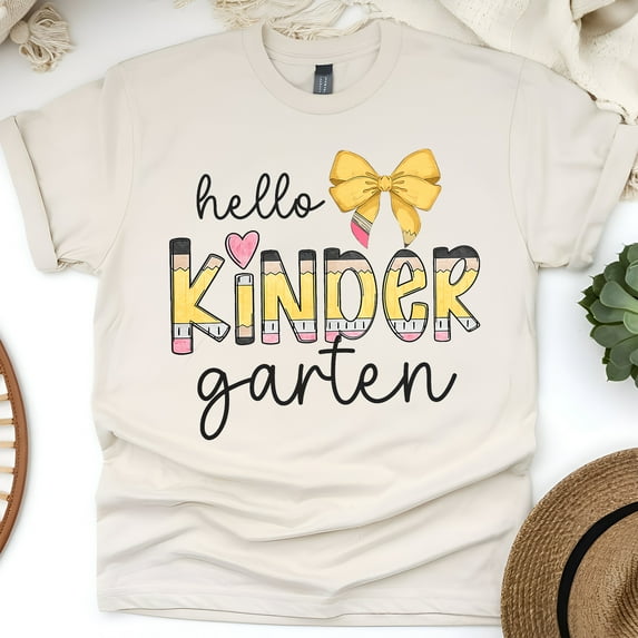 First Day of School Kindergarten Teacher Shirt – Hello Kindergarten T-Shirt, Natural, Size 2XL
