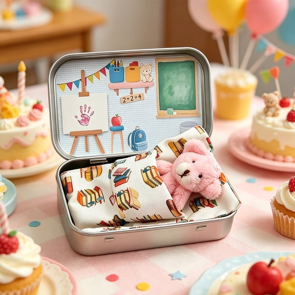 First Day of School Memory Bear Gift Tin Box, Mini Plush Teddy Bear Pocket Keepsake Box Back to School Kid Souvenir Decor